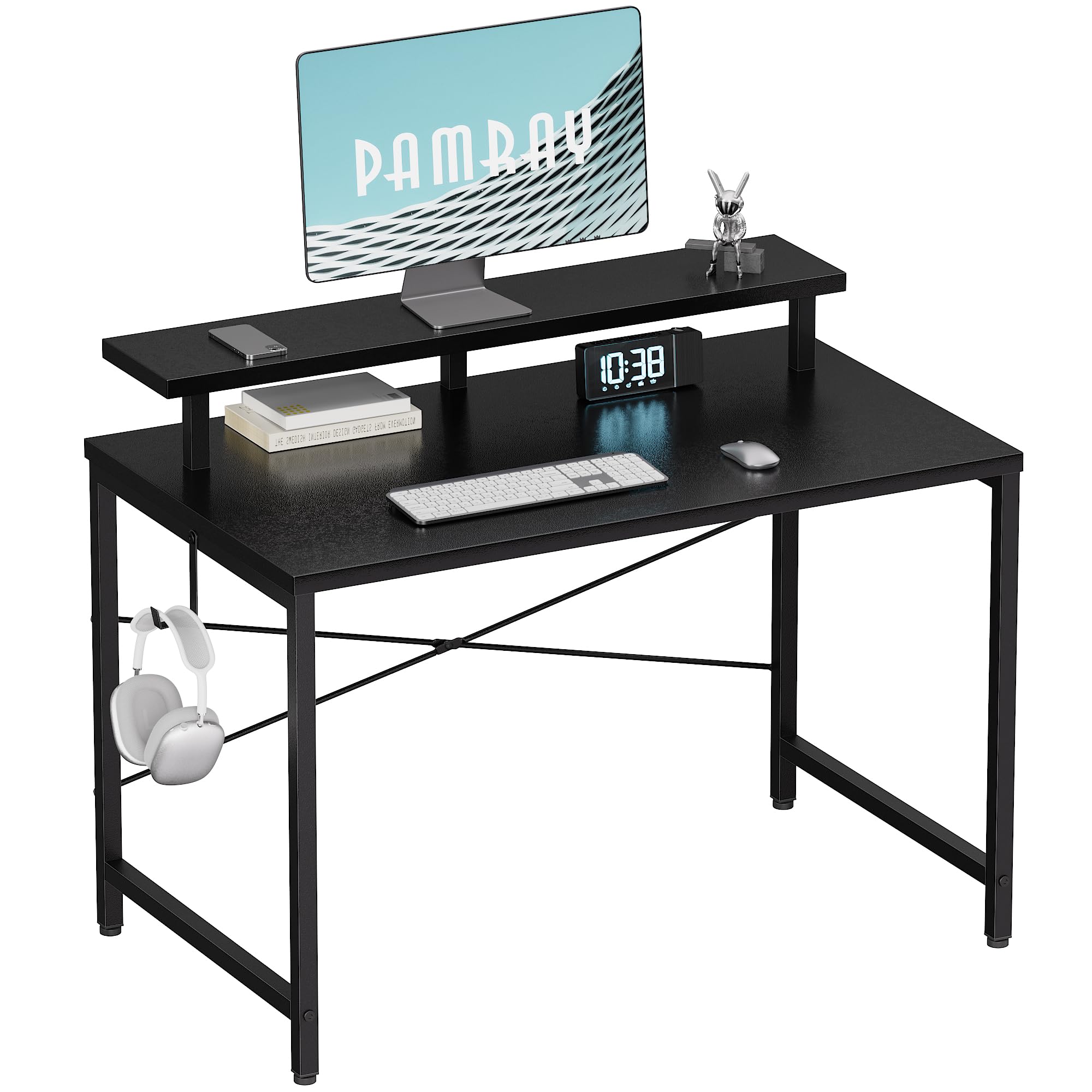 Pamray 32 Inch Small Computer Desk with Monitor Stand, Simple Office Desk with Headphone Hook for Small Spaces, Kids Study Writing Table for Bedroom, Black