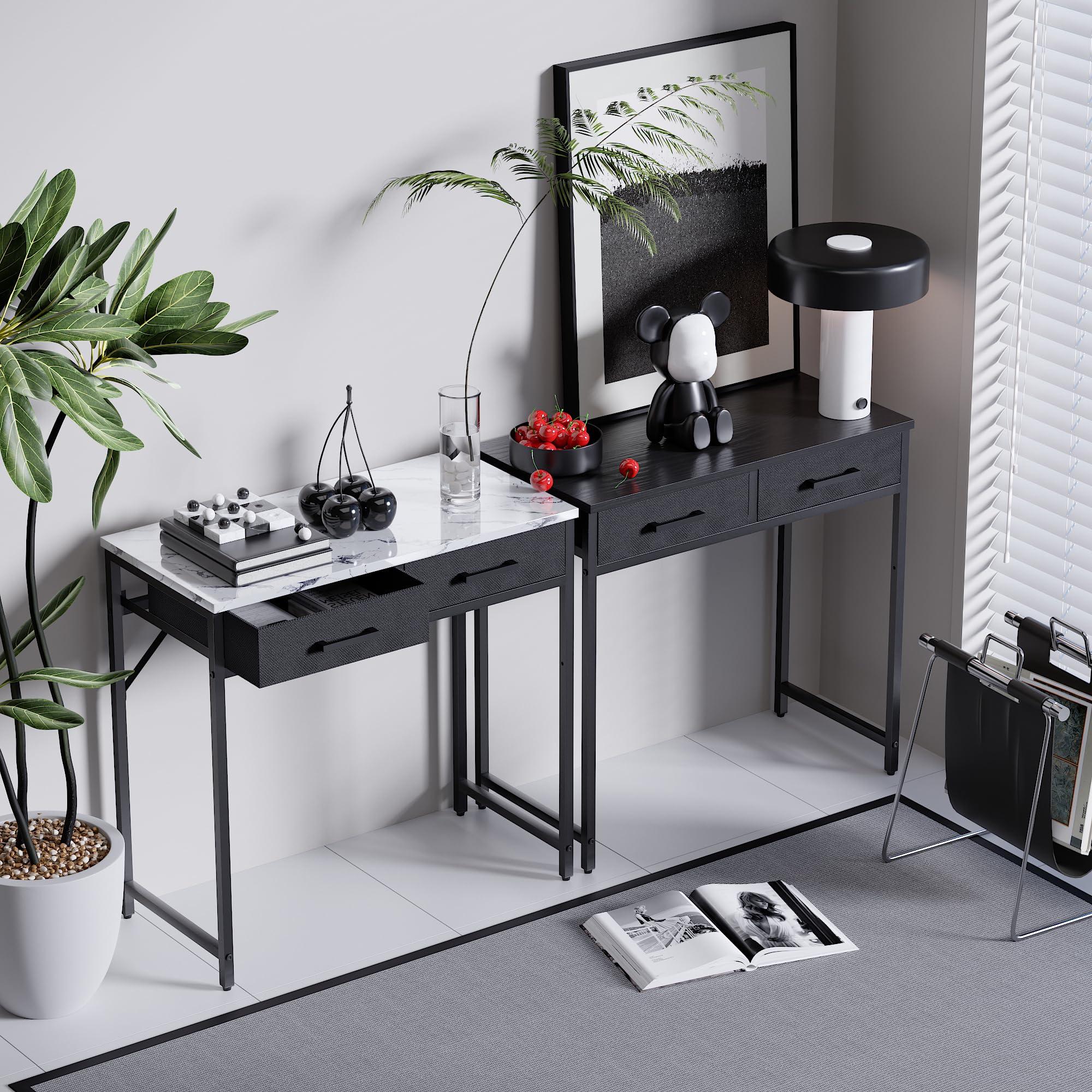 Pamray 32 Inch Small Computer Desk with 2 Drawers for Bedroom Study Writing Home Office Table for Small Spaces Black