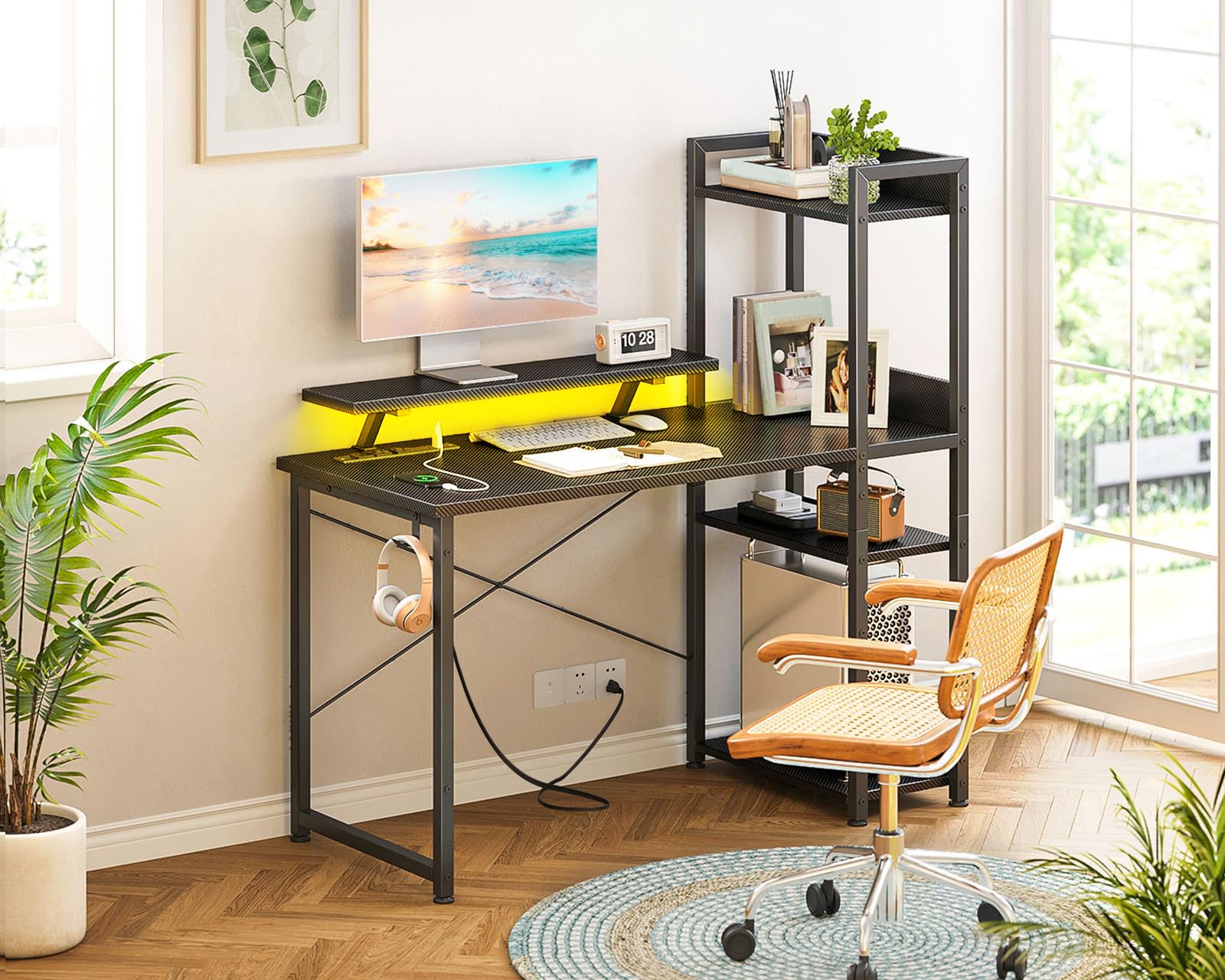 ODK Reversible Gaming Desk LED Lights, 40 Inch Computer Desk with Storage Shelves & Monitor Stand, Study Table for Home Office, Small Space Bedroom, Carbon Fiber Black