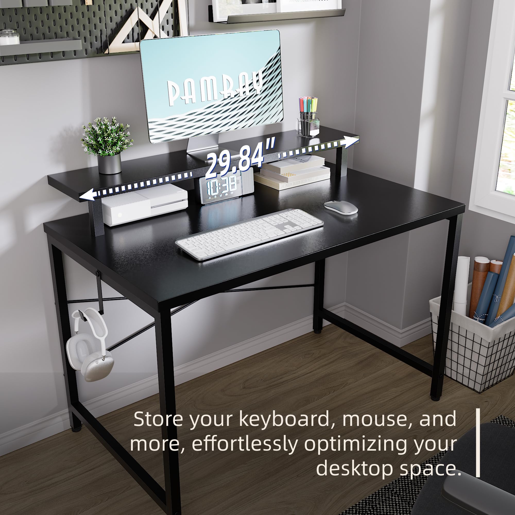 Pamray 32 Inch Small Computer Desk with Monitor Stand, Simple Office Desk with Headphone Hook for Small Spaces, Kids Study Writing Table for Bedroom, Black