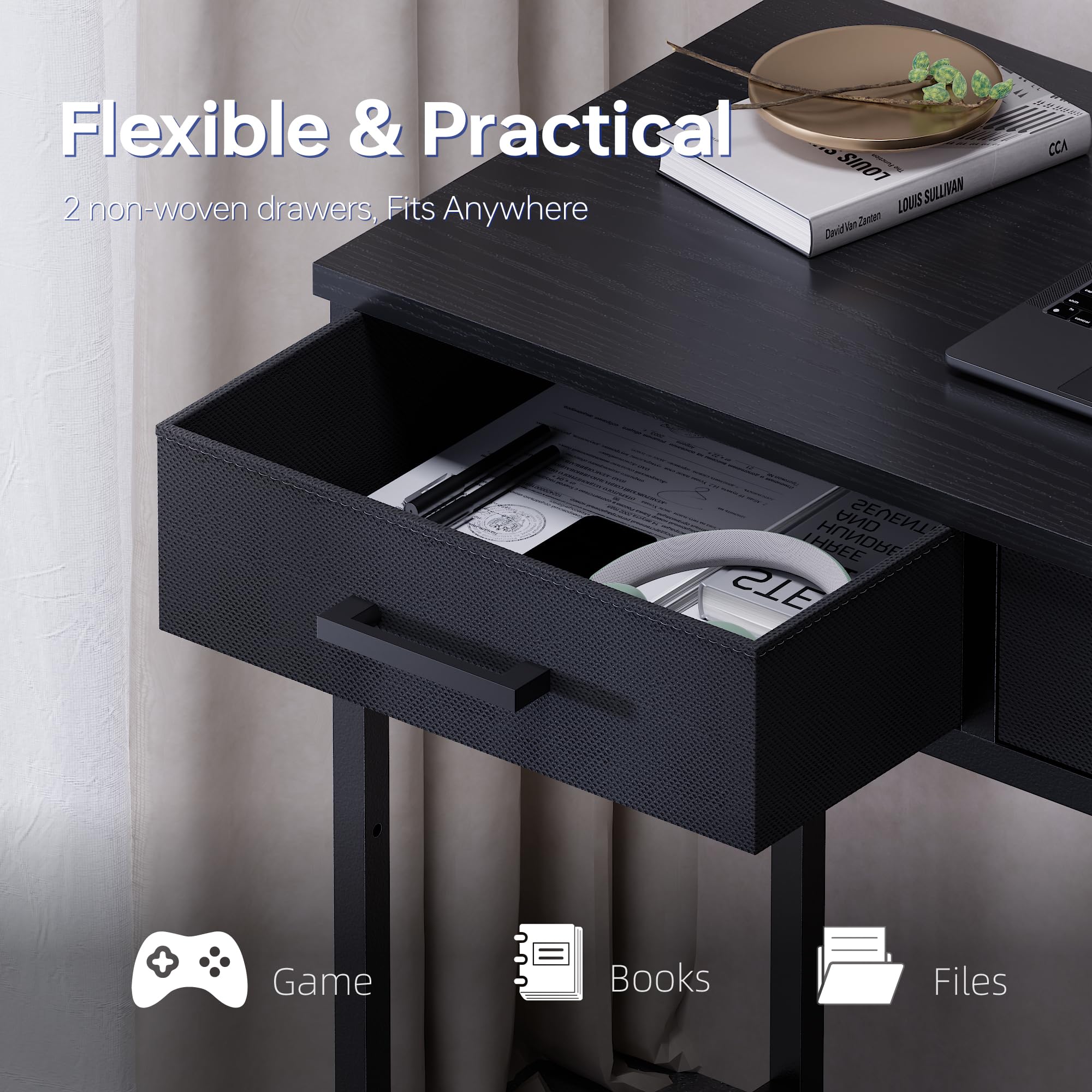 Pamray 32 Inch Small Computer Desk with 2 Drawers for Bedroom Study Writing Home Office Table for Small Spaces Black